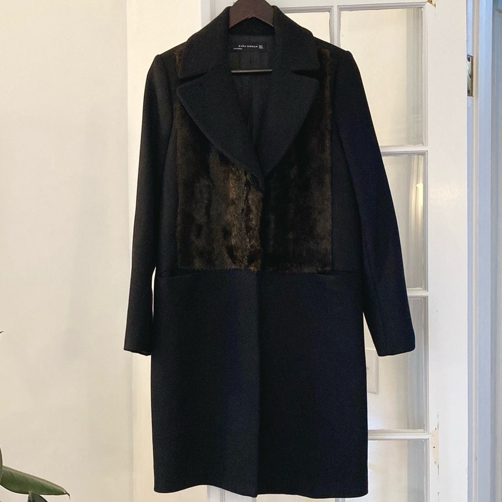 NWOT Zara Wool Single-Breasted Long Coat w/Luxe Faux Fur Panels